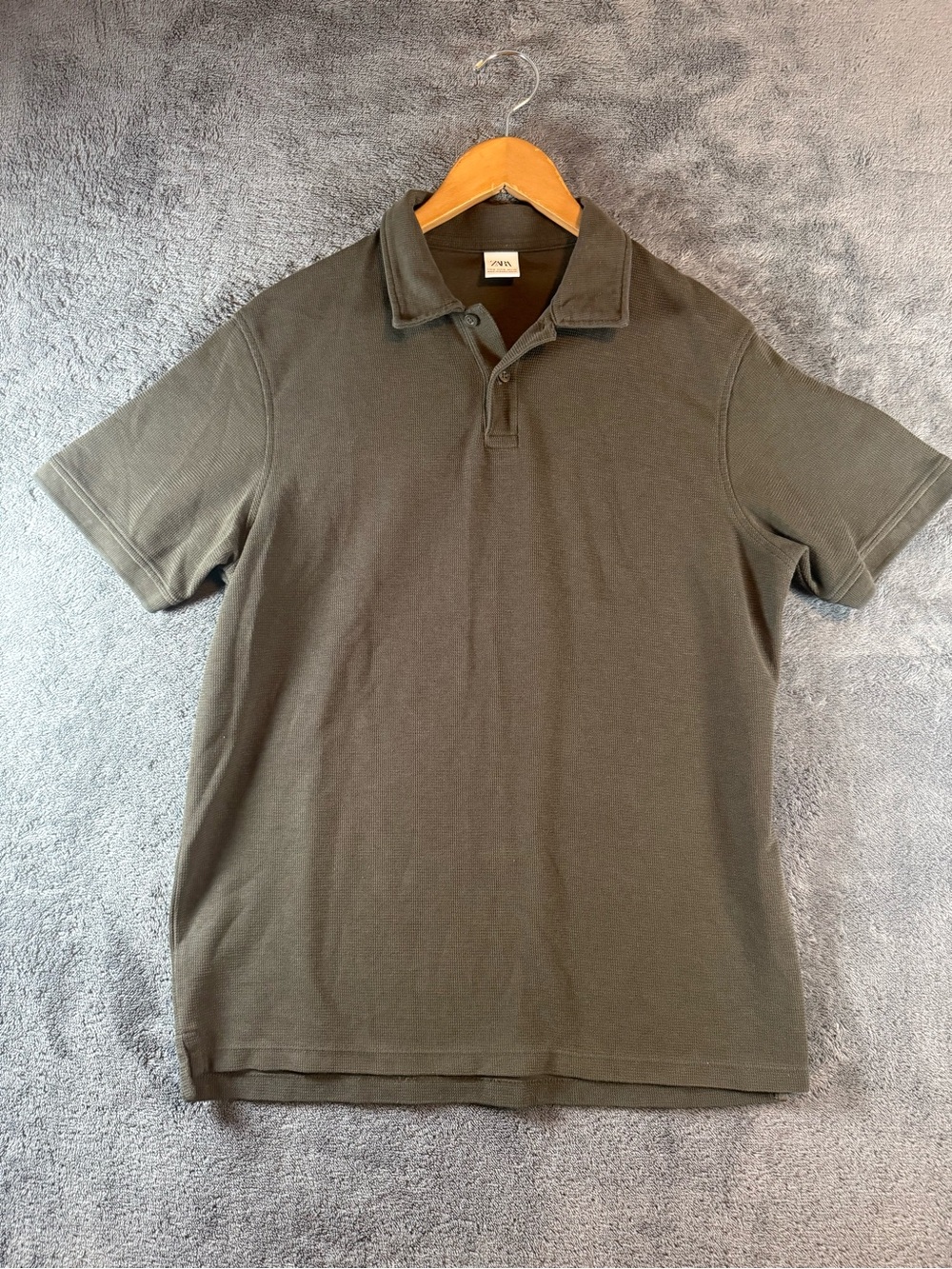 Zara Man Textured Waffle Knit Polo Shirt Olive Brown Green Short Sleeve Size M